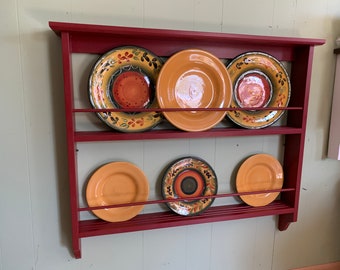Farmhouse Plate Rack: Colonial Red Kitchen Wall Hanging Shelf