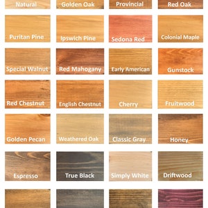 May include: A chart of 24 wood stain colors, including Natural, Golden Oak, Provincial, Red Oak, Puritan Pine, Ipswich Pine, Sedona Red, Colonial Maple, Special Walnut, Red Mahogany, Early American, Gunstock, Red Chestnut, English Chestnut, Cherry, Fruitwood, Golden Pecan, Weathered Oak, Classic Gray, Honey, Espresso, True Black, Simply White, Driftwood, Dark Walnut, Ebony, Jacobean, and Black Cherry.