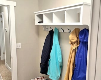 White Wood Coat Rack With Shelf: Entryway Organizer, Cubbies