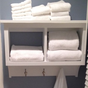 Gorgeous Bathroom Towel Storage Shelf with Towel Hooks,  Wall Cubby Storage with Coat Hooks, Towel Rack, Wood Wall Hanging Shelf