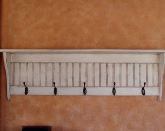 Porte-manteau en bois | murale primitive avec crochets | Étagère de décoration d'intérieur antique 42 po. de large | Blanc vieilli vieilli