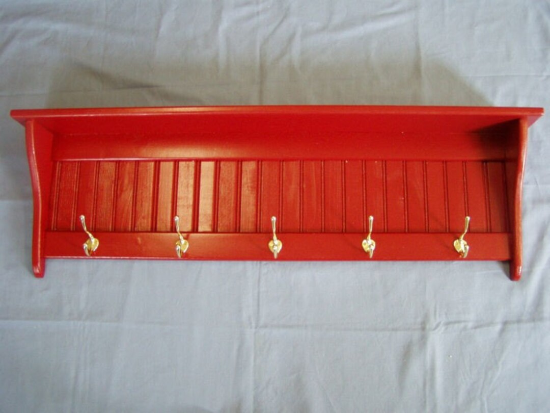 Country Coat Rack, Wall Shelf, Pine Wood, 42 Inch, Red Shelf With Hooks ...
