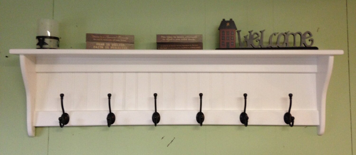 Coat Rack Wood Country Wall Shelf White 48 Wide Display Wall Shelf Hanging Oil Rubbed Bronze Hooks Etsy