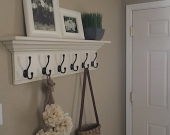 Grand Crown Molding Coat Rack, Wood Wall Shelf with Coat Hooks , White Shelf, Mantle Wall Shelf , Fireplace Mantle, Display shelf