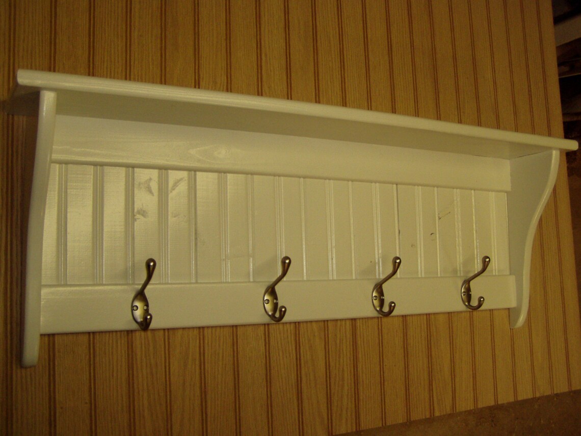 36 Inch White Coat Rack Shelf With Satin Chrome Hooks Wall Etsy