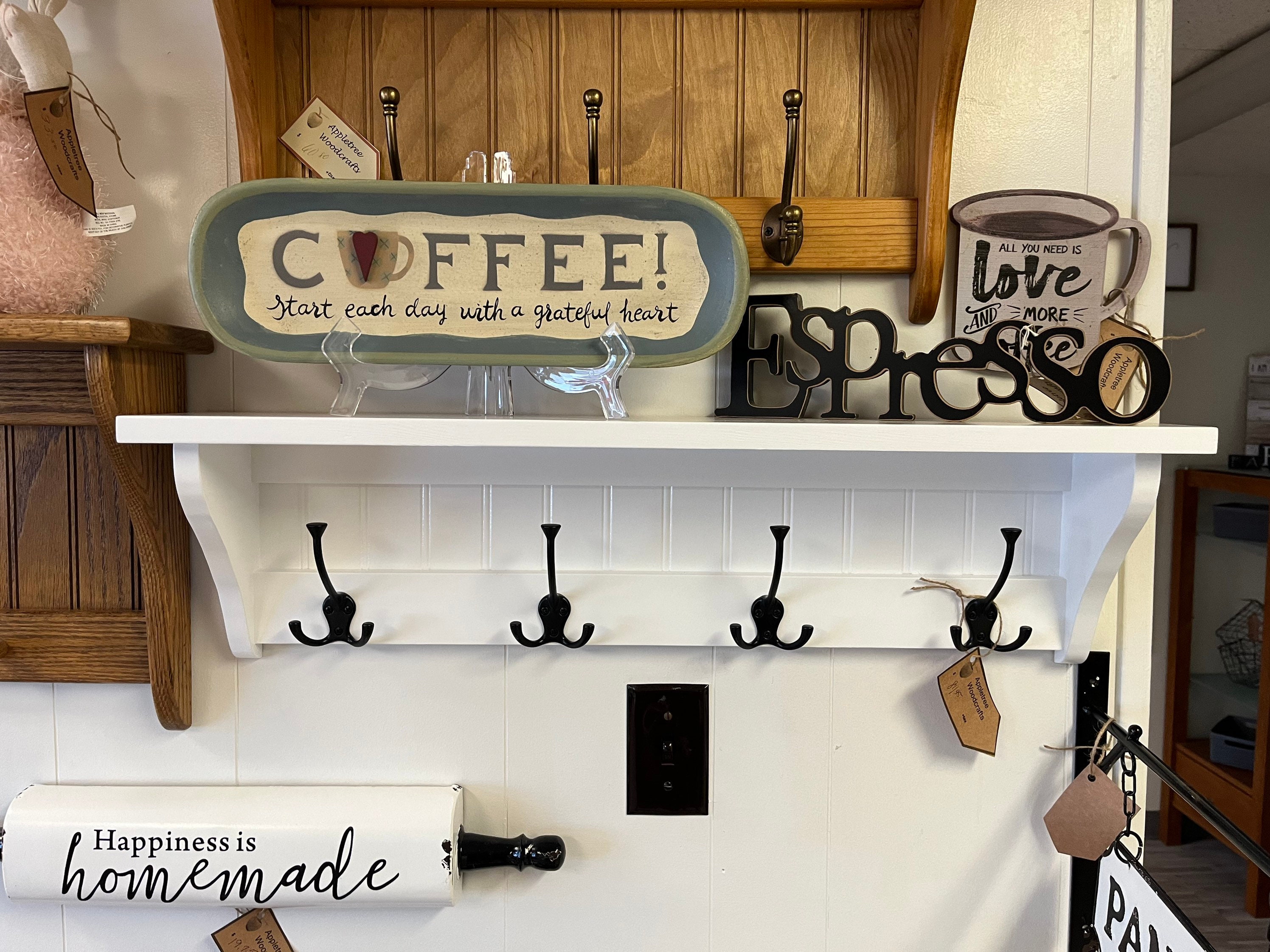 TRSPCWR Coffee Mug Rack with Storage Shelf, Rustic Wood Coffee Mug Holder  Wall Mounted with 16 Hooks, Coffee Cup Holder for Mugs Tea Cups Display and