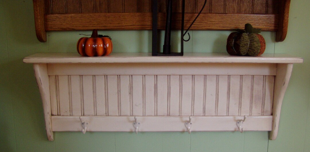 White Wood Coat Rack , Farmhouse Rustic Wall Shelf , Wood Wall Shelf