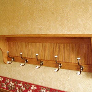 Oak Hanging Wall Coat Rack with Antique Brass and Porcelain Hooks 42&quot; Wide