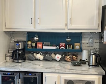 Distressed Wood Coffee Bar Station Shelf with Mug Hooks