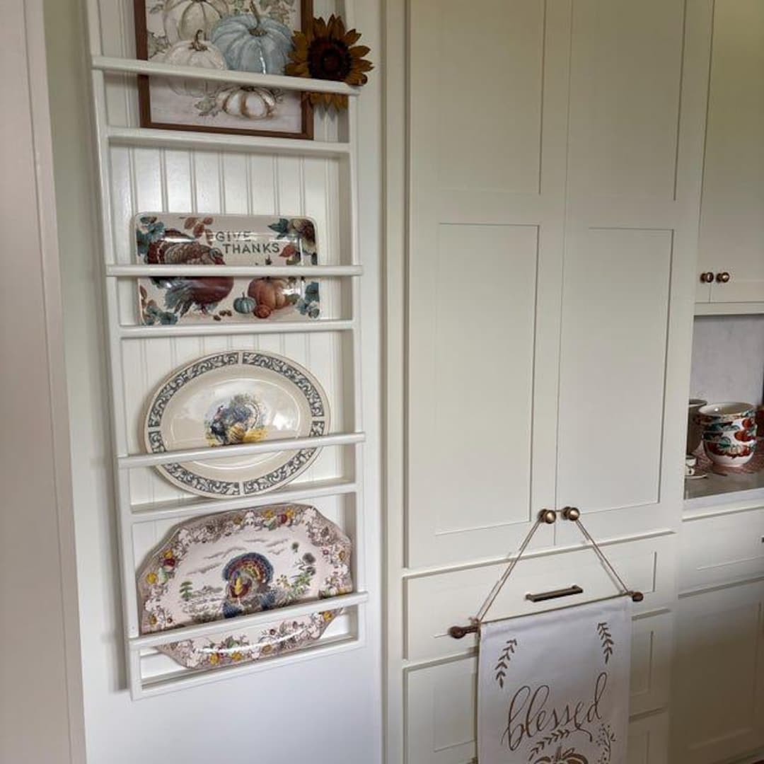 Handmade Wooden Plate Rack, Tall Kitchen Dish Display Shelf - White, Plate Grooves