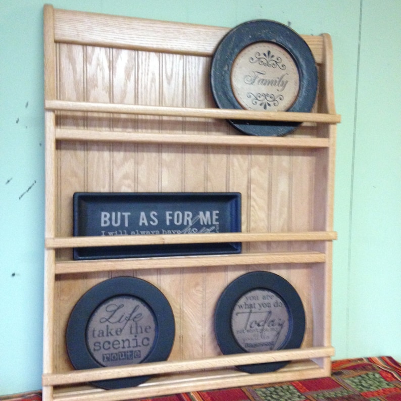 Wall Hanging Plate Rack or Bookshelf Oak Wood , Kitchen Spice Rack and Recipe CookBook Shelf image 5