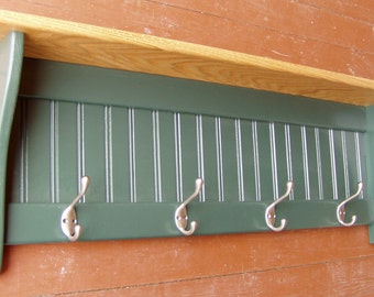 Handcrafted Oak Top Coat Rack: Green Painted Shelf with Chrome Hooks