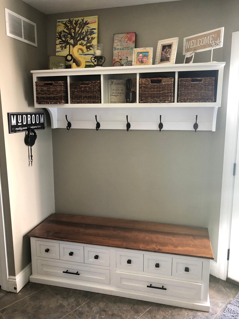 Mudroom Bench and Wall Hanging Storage Cubby , Shoe and Boot Bench with Entryway Storage Shelf with Coat Hooks image 5