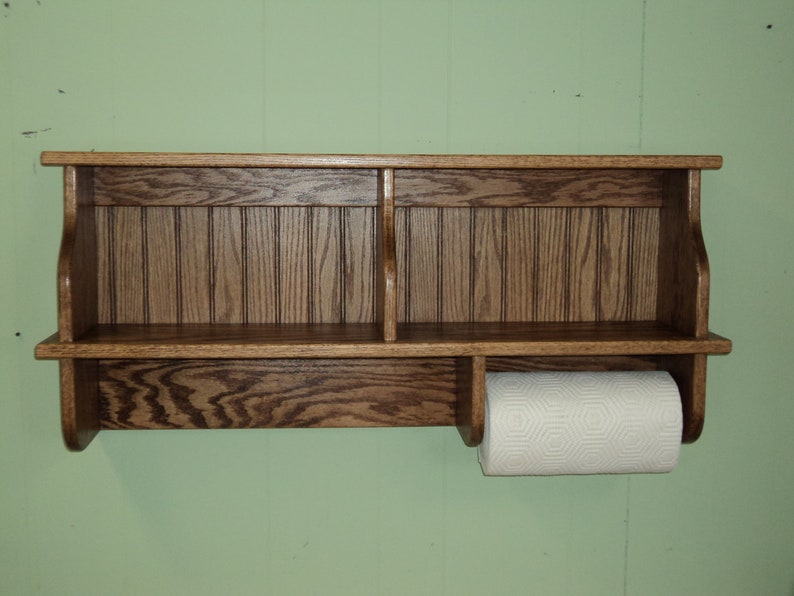 Kitchen Cupboard Country Wall Shelf Solid Oak With Paper towel Holder Bild 2