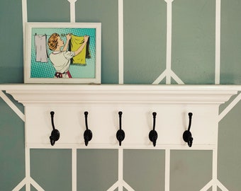 Beautiful Crown Molding Coat Rack, Shelf with Coat Hooks, Mudroom Wall Rack, Hanging Rack with Shelf, Living Room shelf, bath towel rack