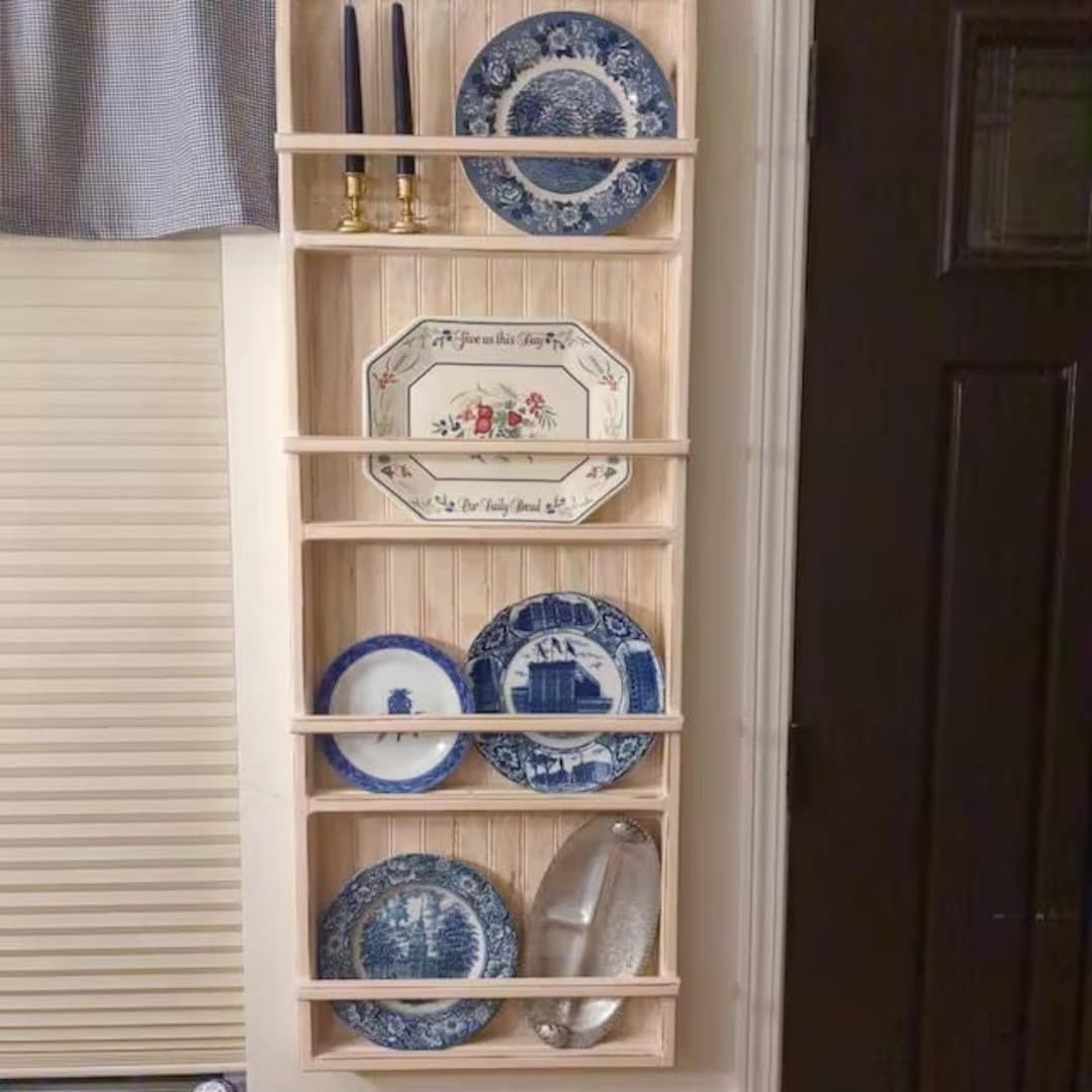 Handcrafted 4-shelf Plate Rack: Pine Wood Wall Display - Etsy