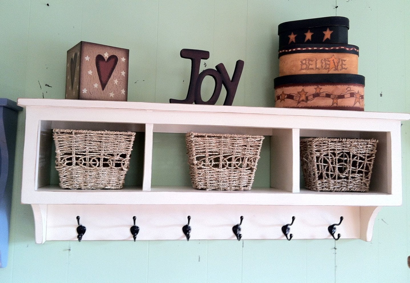 Cubby coat rack with oversized farmhouse hooks