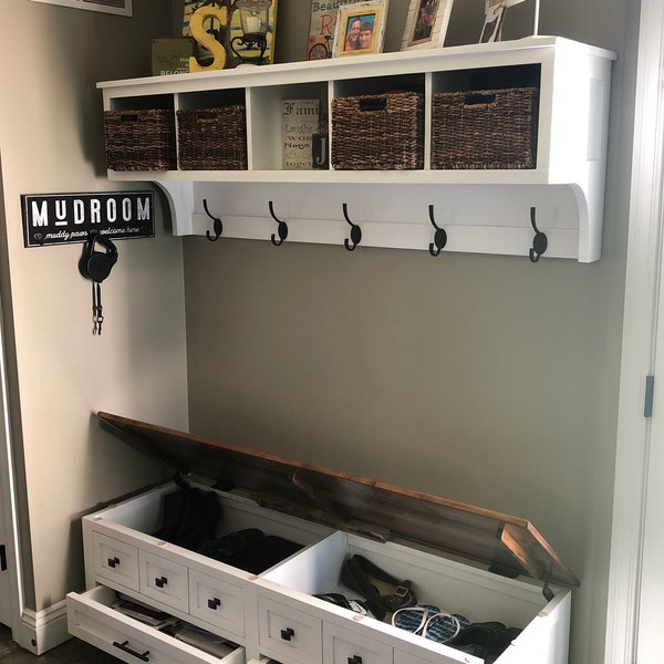 Farmhouse Entryway Bench with Storage: Wood Coat Rack & Wall Shelf