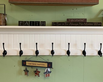 Large Wood Coat Rack Shelf: Country Wall Shelf with Hooks