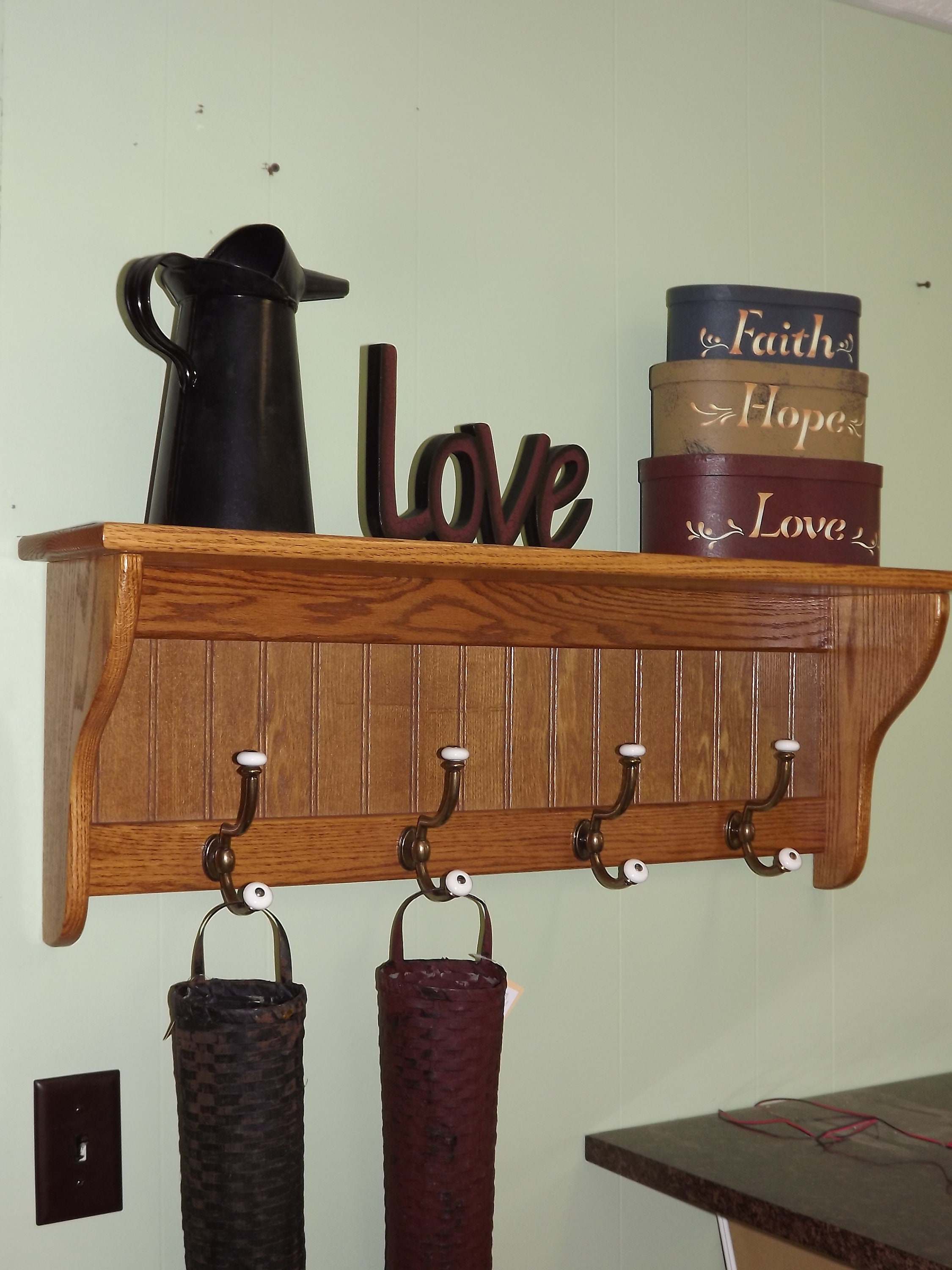 Coat Rack Wall Shelf Solid Oak 36 with Brass and Etsy
