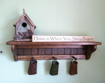 Charming Country Oak Coat Rack , pleasing Shaker Peg Hooks, 24" Wall shelf, Rustic Decor