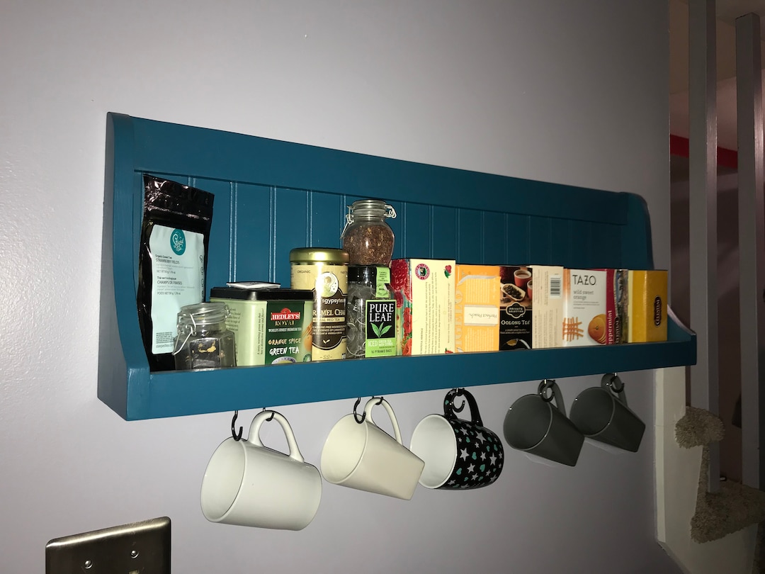 Hanging Wall Coffee Bar Station Wall Shelf , Coffee Station , Tea Station , Wood Plate Rack