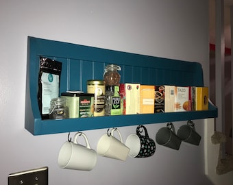 Hanging Wall Coffee Bar Station Wall Shelf , Coffee Station , Tea Station , Wood Plate Rack , Mug Rack , Bowl Rack with Hanging Mug Hooks