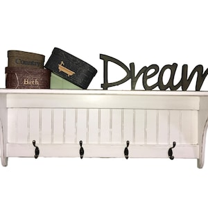 Charming Country Coat Rack , Wood Wall Shelf , Coat Rack with Hooks , Distressed Technique  , Entryway , Mudroom ,  Shelf with Bronze Hooks