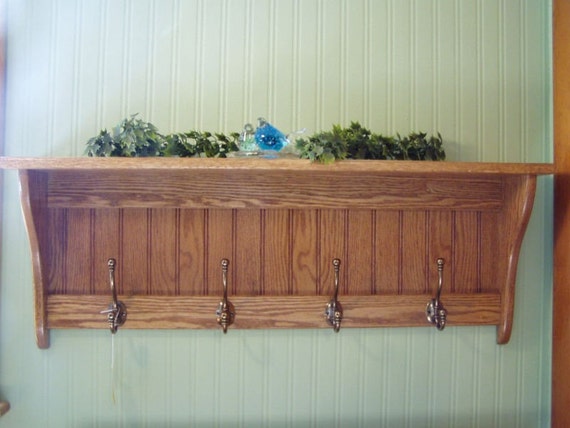 Gorgeous Solid Oak Coat Rack With Antique English Brass Hooks, 36 inch  long, Display shelf with Coat Hooks