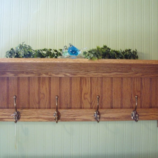 Gorgeous Solid Oak Coat Rack With Antique English Brass Hooks, 36 inch long, Display shelf with Coat Hooks