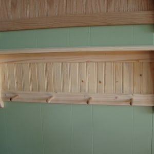 Country Pine Wood  Shelf, Shaker Peg Hooks, 36 Inches long, Unfinished, Charming Rustic home decor