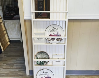 Grand support d'assiettes suspendu, grande étagère pour le mur, étagère murale en bois de support d'assiette de 4 étagères, support de livre de recettes, étagère murale