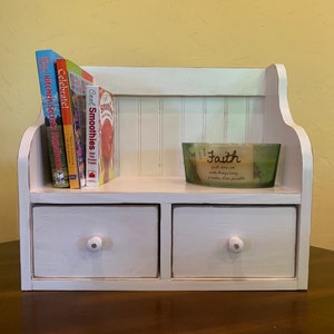 Distressed White Cookbook Holder: Country Kitchen Storage with Drawers