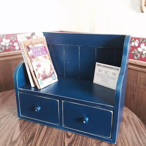 Cook Book Recipe Display Rack Counter Top Shelf Recipe Drawers Country Primitive Navy Blue