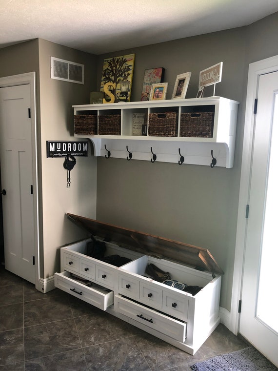 Custom 55 Inch Hallway Shoe Bench and Coat Rack With Cubbies