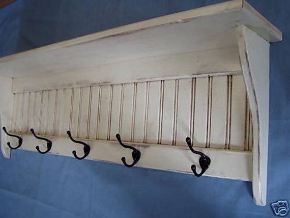 Wood Coat Rack Primitive Wall Shelf With Hooks Antiqued Home Decor Shelf 42 Wide Distressed Heirloom White Etsy