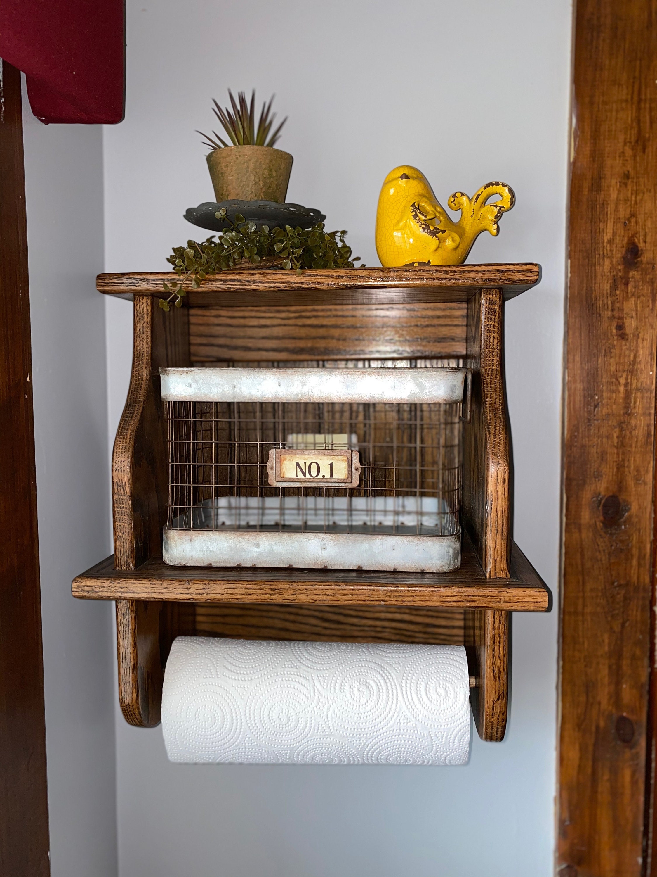 Wall-Mounted Torched Wood Paper Towel Holder with Display Shelf