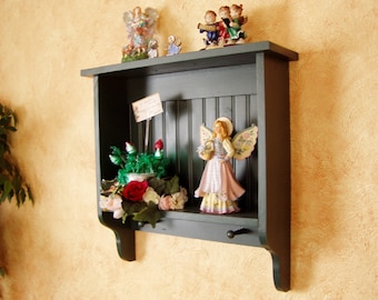 Green Wood Wall Shelf: Shaker Peg Coat Rack, 23" Display Shelf
