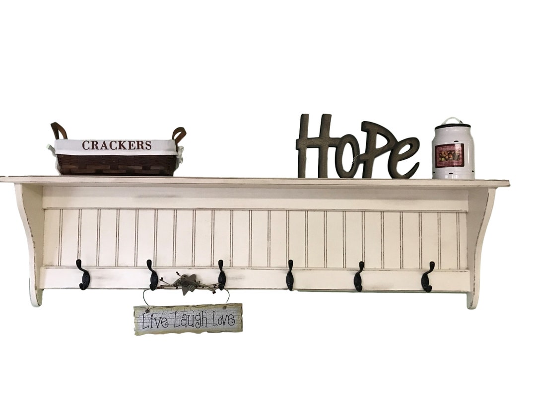 Distressed White Wood Coat Rack Shelf: Farmhouse Entryway Organizer - Etsy