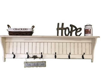 Distressed White Wood Coat Rack Shelf: Farmhouse Entryway Organizer