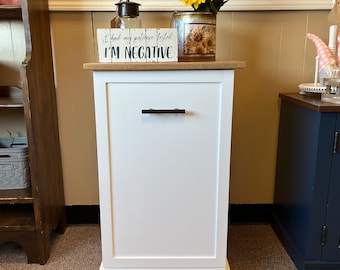 Heirloom White Trash Can Cabinet: Solid Oak Top Kitchen Storage