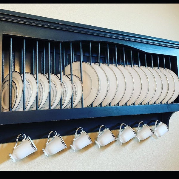 Wall Hanging Mug Rack , Plate Shelf, Dish Rack with Mug Hooks, Wood Plate Rack