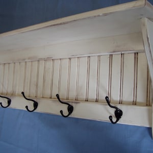 Charming White  Country Coat Rack,  Antique Brass Hooks, Shelf with hooks, Towel Rack, hat Rack, Entryway, Kitchen, Farmhouse Decor