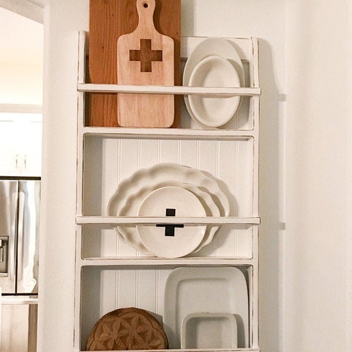 Primitive Country Shelf and Plate Rack Antiqued White Rustic Display Shelf 42" 