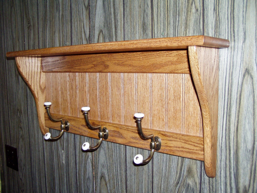 Attractive Oak Coat Rack, Wood Wall Shelf With Stunning Brass and Porcelain Hooks, Country Home