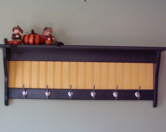 Country Coat Rack with Shelf: Multi-Colored Wood, 5 Satin Chrome Hooks (42")