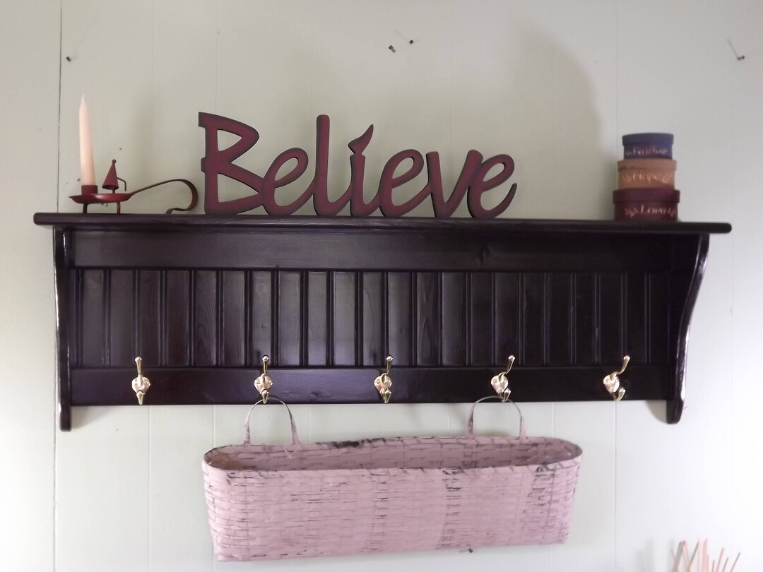 Country Coat Rack, Wood Wall Shelf, Shelf With Satin Chrome Hooks ...