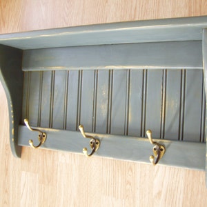 Coat Rack Display Shelf Wood Wall Shelf Country Coat Rack 24&quot; Distressed Blue Antique Brass