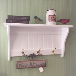 Coat Rack Display Shelf Wood Wall Shelf Country Coat Rack 24&quot; Wide Brass Hooks White Key Holder