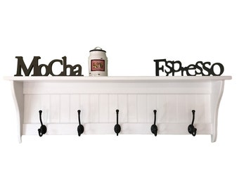 Hanging Wall Shelf 42" Wide White with Black English Hooks, Family Coat Rack for Entryway